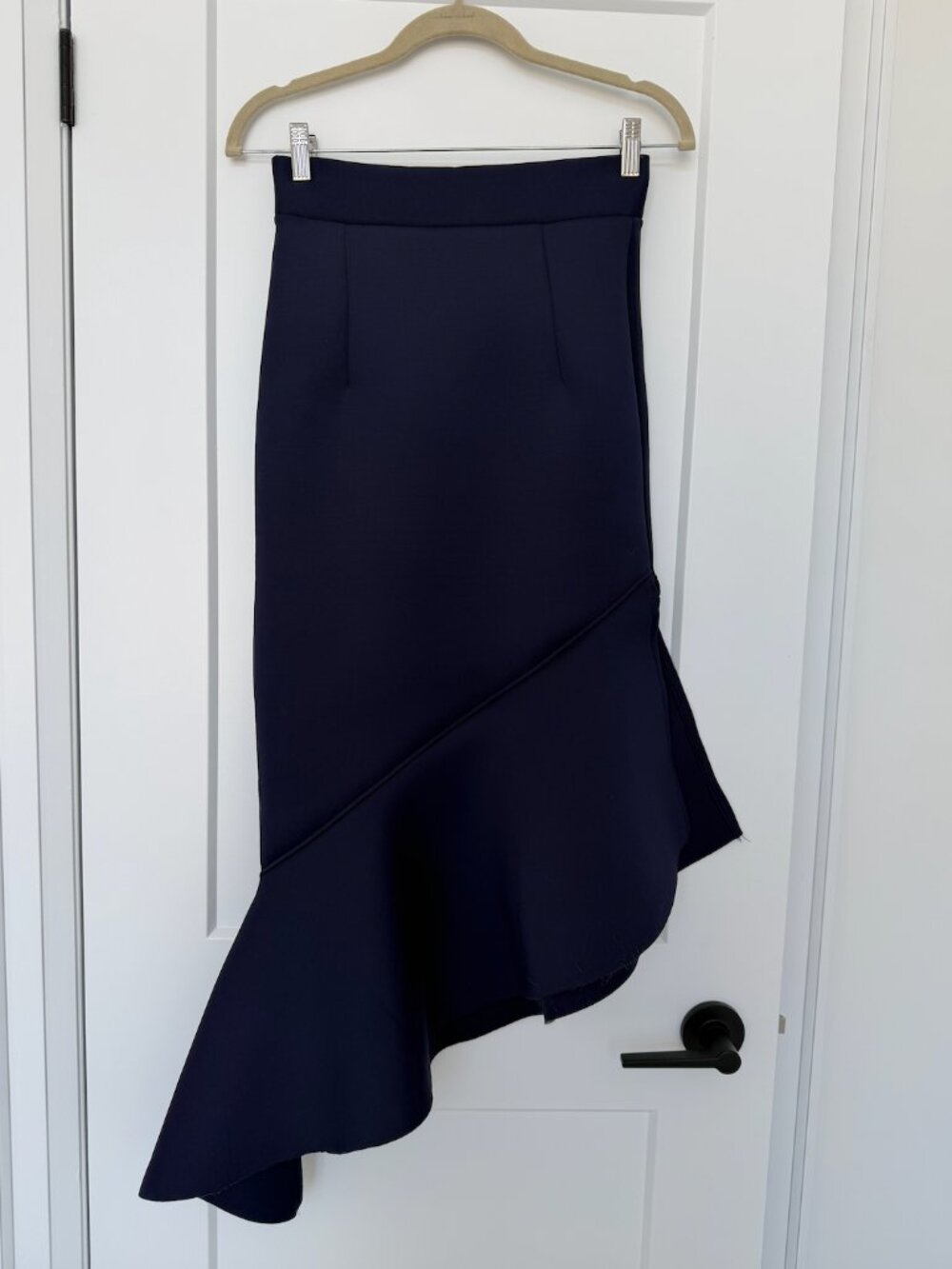 Navy Neoprene Asymmetric Ruffle Skirt